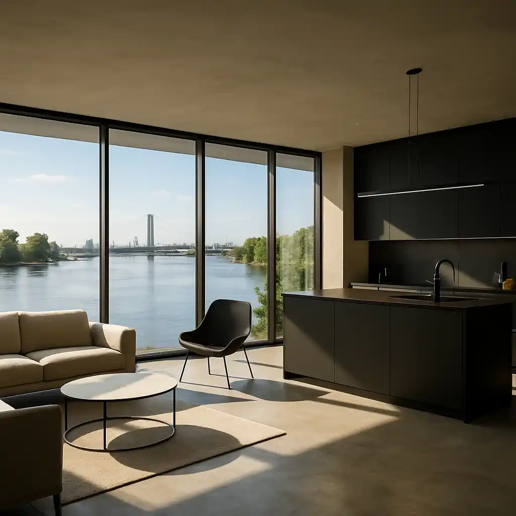 Offener Wohnraum mit Designer‑Küche, Panoramafenster zum Rhein, Betonputz.